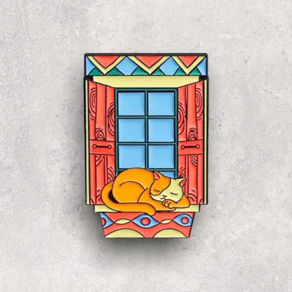 3/$18 NEW Cat Sleeping Window Sill Scene Neon Enamel Pin Brooch